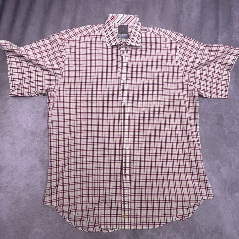 Thomas Dean Shirt Mens Large Burgundy Plaid Pima Cotton Short Sleeve Excellent